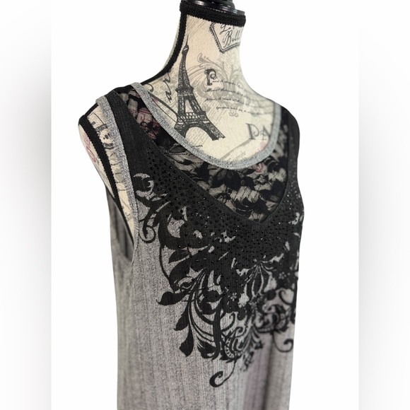 Vocal Embellish Boho Gray & Black Lace Hi-Lo Tunic Top Size L - Whimsigoth Style - Picture 3 of 9